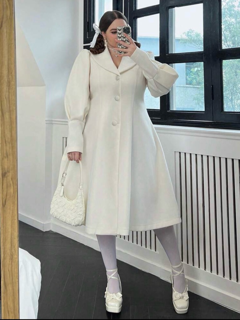 Shein Cream A-Line Pea Coat With Puff Sleeves